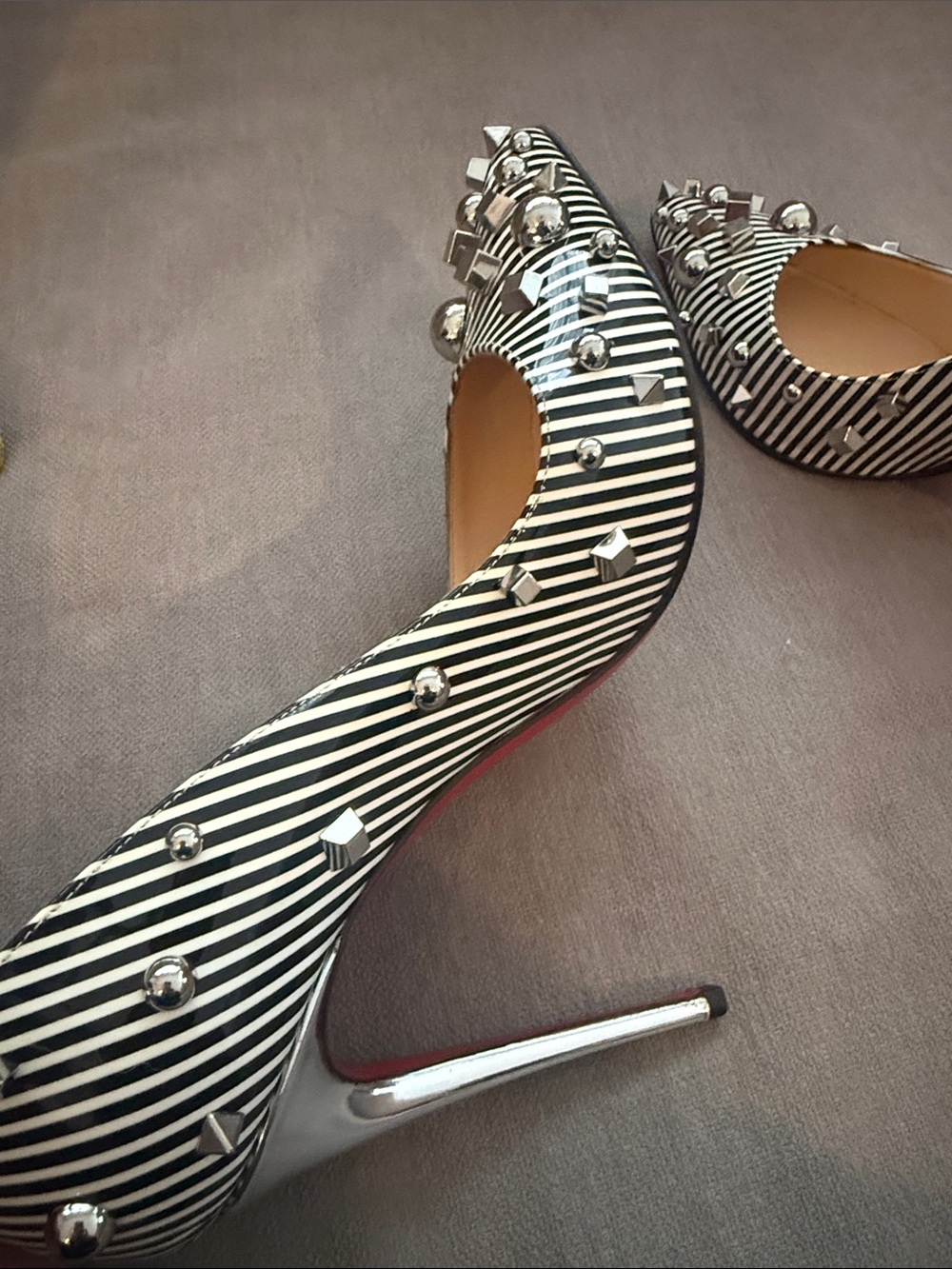 Christian Louboutin Black & White Striped Studded Pigalle Pumps - Picture 4 of 6
